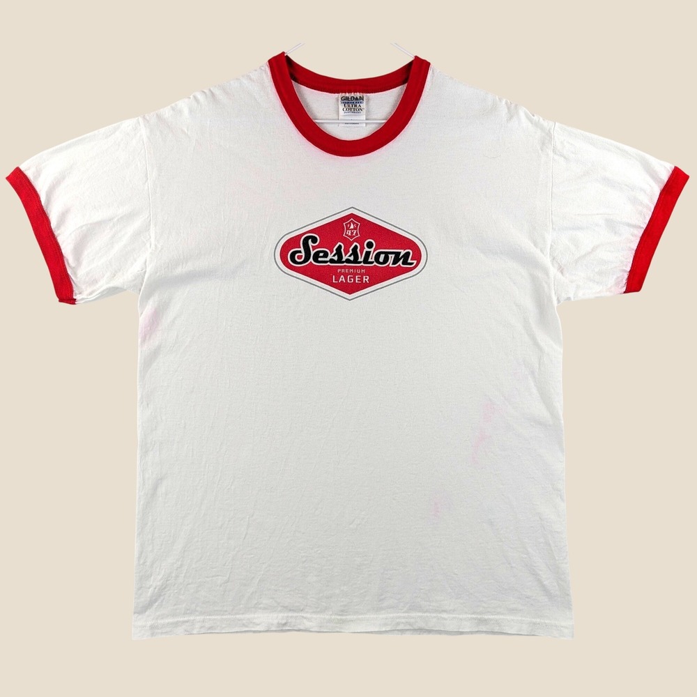 Gildan Session Premium Lager Ringer T-Shirt Mens Large White Red Cotton